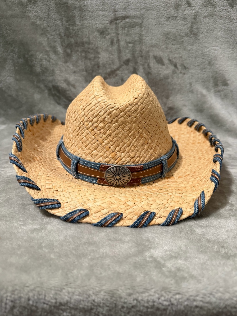 Scala Dorfman Pacific Western Cowboy Straw Hat with Jean&Brown Whipstitch Concho
